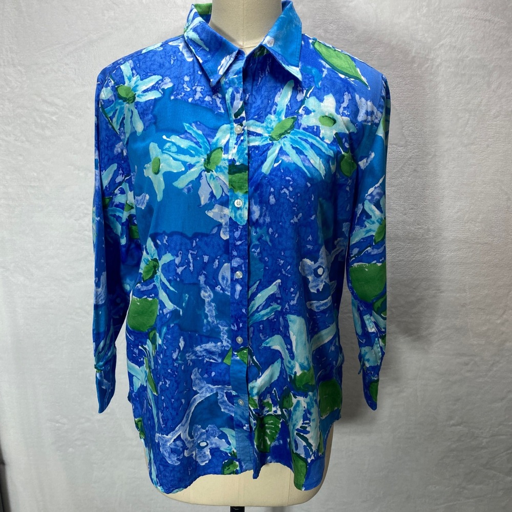 CHAPS XL Womens 3/4 Sleeve Vibrant Blue Tropical Floral Button Shirt‎ Cruise